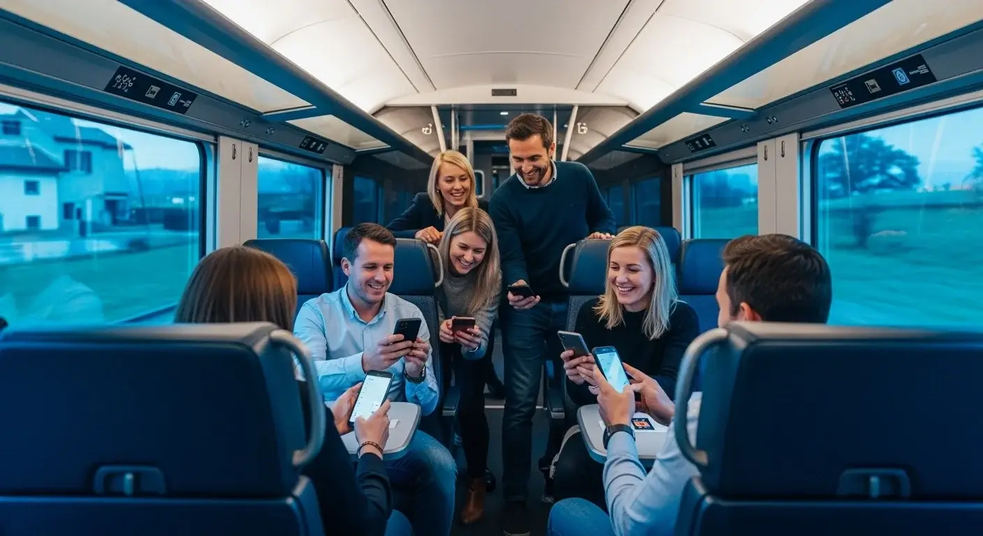 Gruppe af voksne kollegaer sidder i en moderne togkupé og taler sammen.